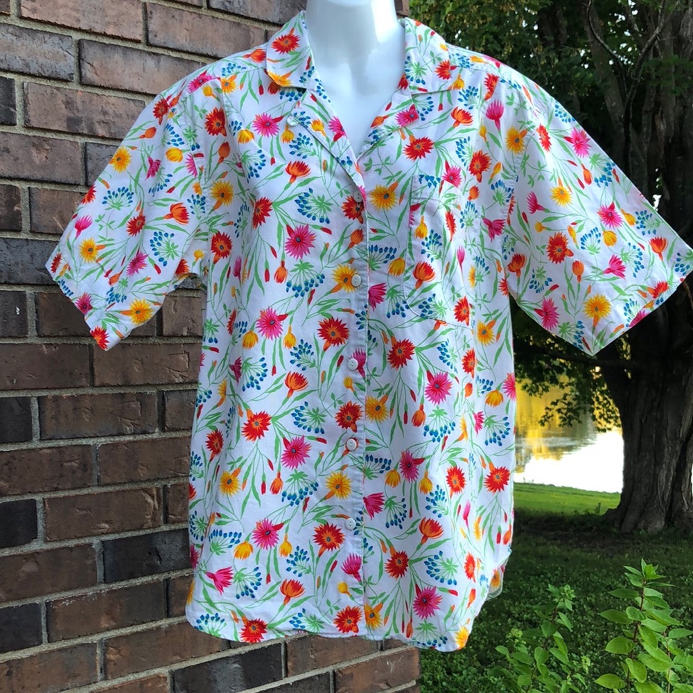 Bright Floral Button-Up Shirt - White Base with Pink, Yellow & Orange Flowers